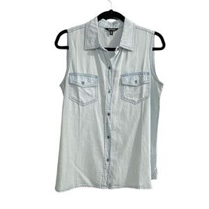 BUFFALO Sleeveless Button Front Blouse Chambray Light Blue S